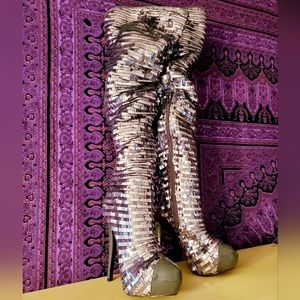Dereon Silver Sequined High Heeled Thigh High Boots size women's 7
